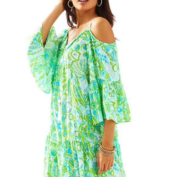 Lilly Pulitzer Alanna Off The Shoulder Dress Any Fin Possible beaded Tassels XXS - Picture 1 of 9